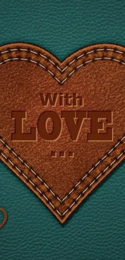 Leather heart design with 'With Love' message on teal background.