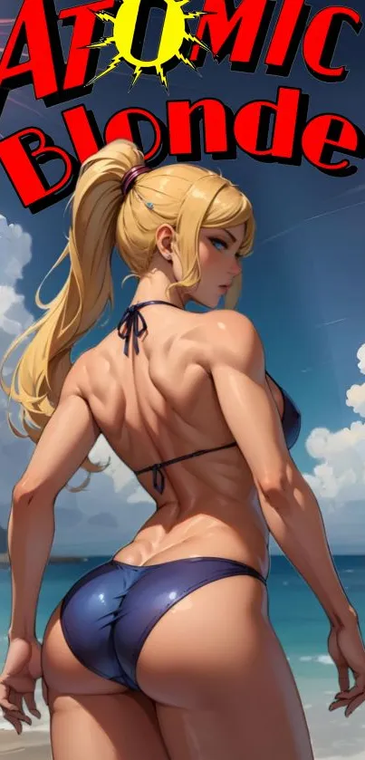 Blonde beach character with ocean background.