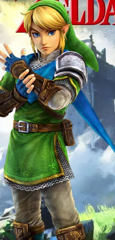 Epic fantasy legend character with green tunic in dynamic pose mobile wallpaper.