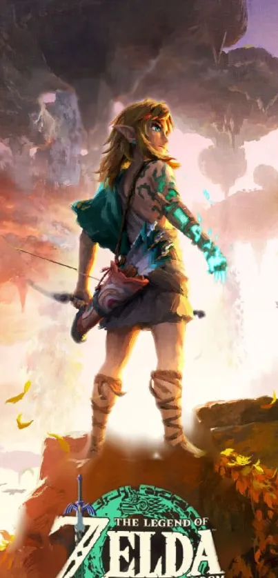 The Legend of Zelda character standing heroically against a colorful sky.