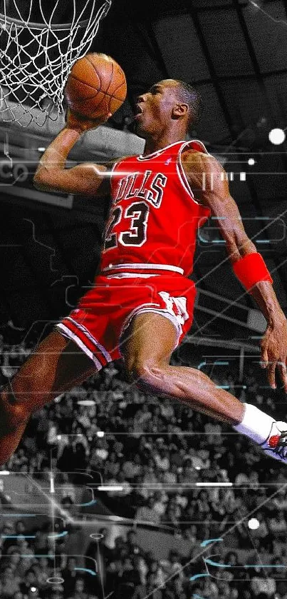 Legendary dunk by an iconic basketball player, perfect for sports wallpaper.