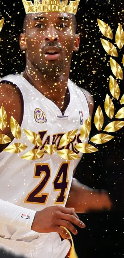 Legendary basketball player with a golden crown and wreath.