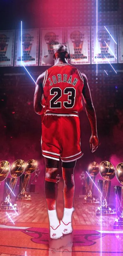 Iconic basketball player with trophies, red theme.
