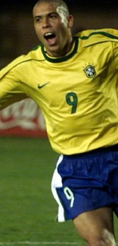 Brazilian footballer celebrates iconic moment in yellow jersey.