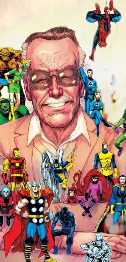 Iconic comic book creator with superheroes around him, vibrant design.