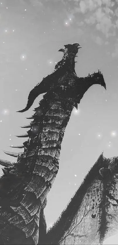 Black and white dragon silhouette against cloudy sky.