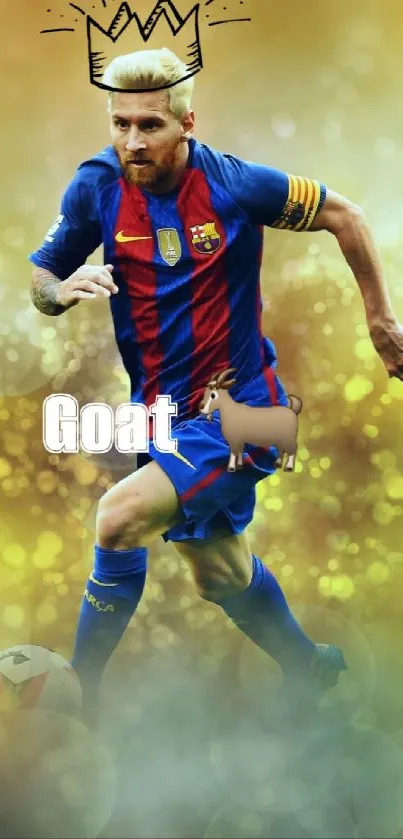 Legendary football player in action with a crown and text 'Goat'.