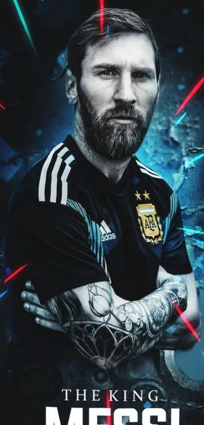 Mobile wallpaper of a legendary football player with blue tones and tattoos.