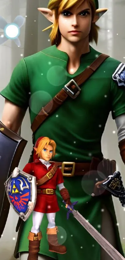 Legendary hero in green outfit with sword in fantasy forest.