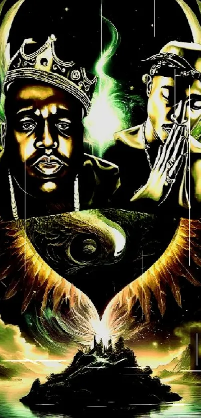 Abstract hip-hop-themed phone wallpaper with legendary figures in a dreamlike setting.