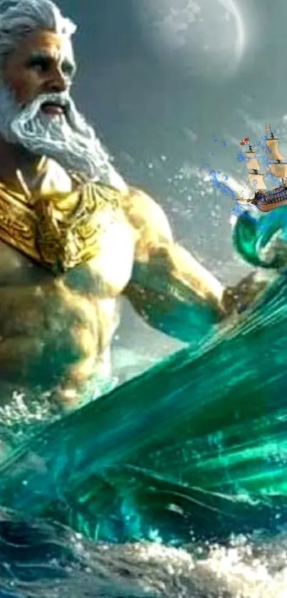 Majestic sea god raising tidal wave with moonlit background.