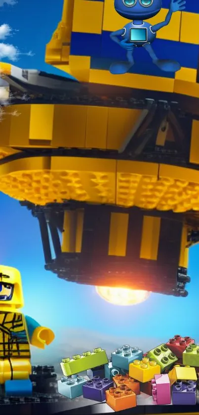 Colorful Lego sky city with a sunset backdrop.