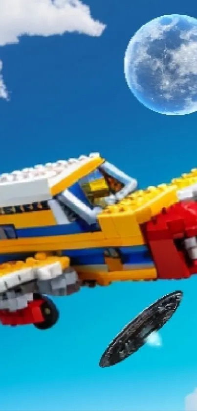 Lego airplanes soar against a bright blue sky.