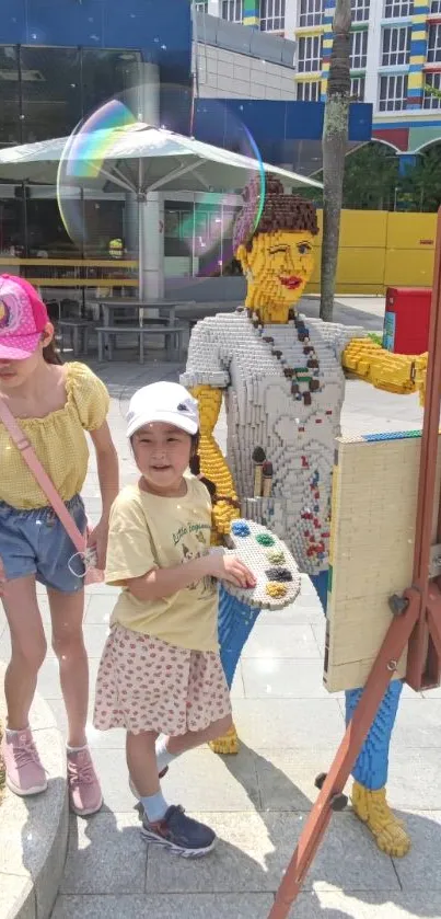 Kids enjoy a sunny park day with a colorful Lego sculpture.