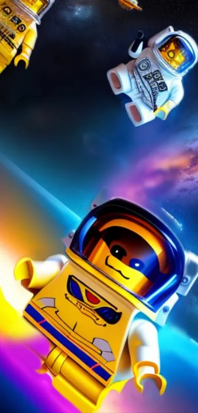 Lego astronauts soaring through colorful galaxy in space.