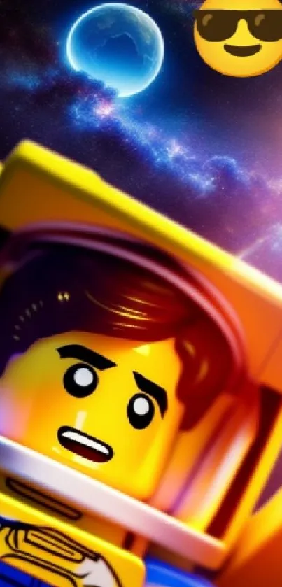 Lego astronaut in vibrant cosmic space with planets and stars.