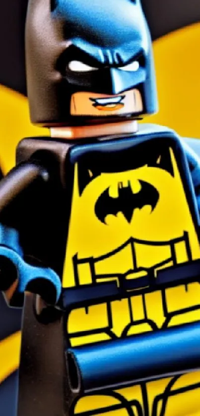 Lego Batman stands with a radiant yellow backdrop.