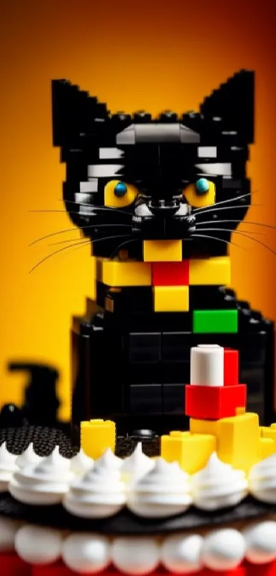 LEGO black cat sitting on a colorful cake.