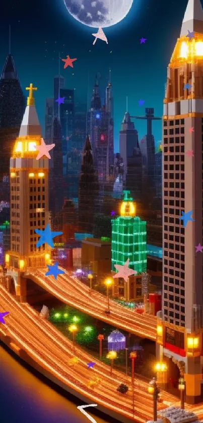 Lego city at night with glowing skyscrapers and full moon.