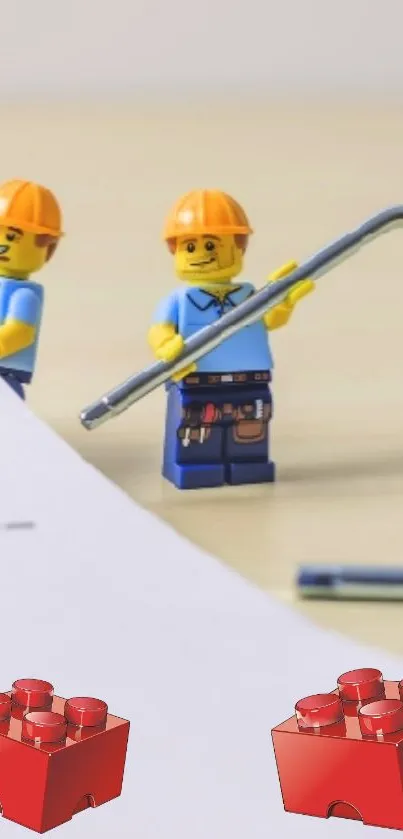 Lego builder figures on construction site with red blocks.