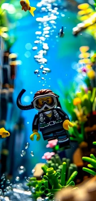 LEGO diver exploring underwater coral reef with colorful fish.