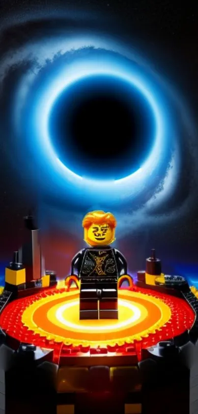 Lego figure against a cosmic vortex backdrop with radiant colors in the sky.