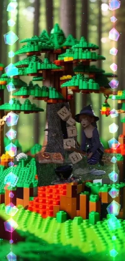 LEGO forest with witch and colorful brick trees, in imaginative toy scene.