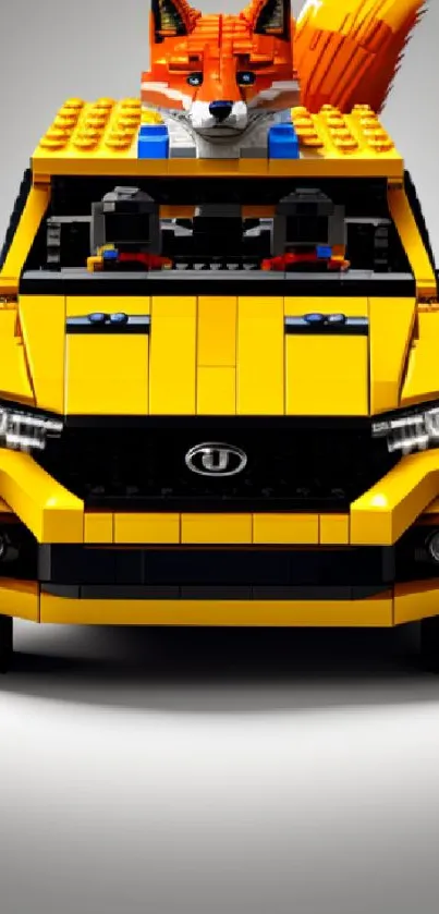 Lego car with fox figure on a yellow backdrop.