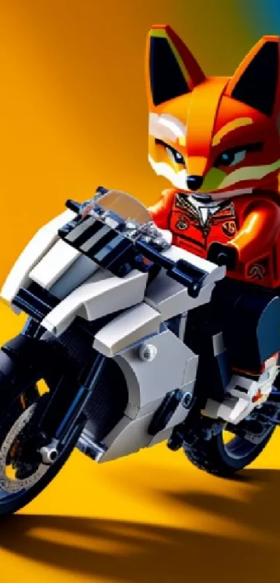 Lego fox riding a motorcycle against orange background.