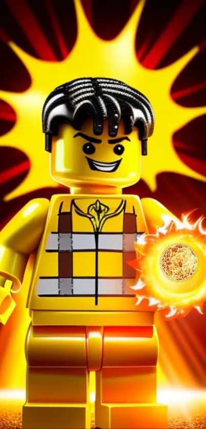 Lego hero with fiery glowing sphere and vibrant yellow backdrop.