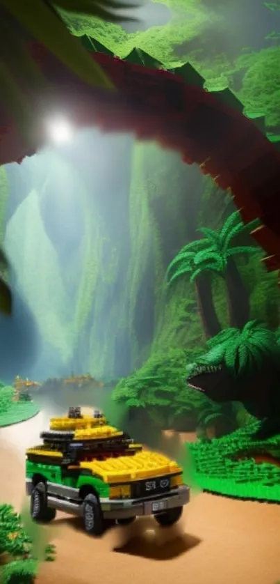 Lego jungle scene with a toy jeep and dinosaur in vibrant green forest.