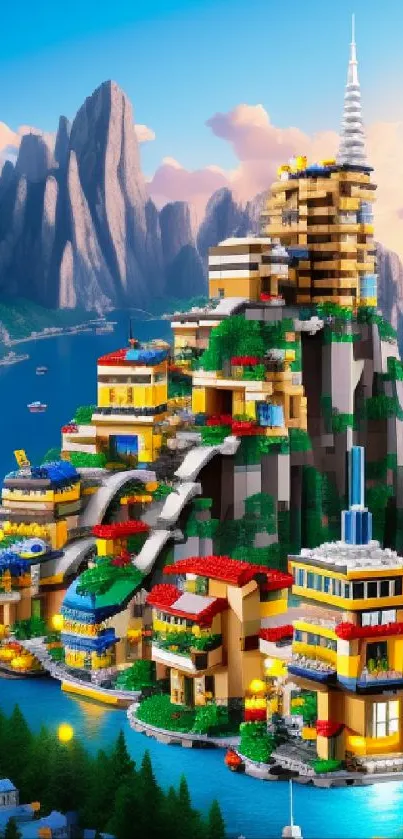 LEGO mountain cityscape with colorful blocks and blue sky.