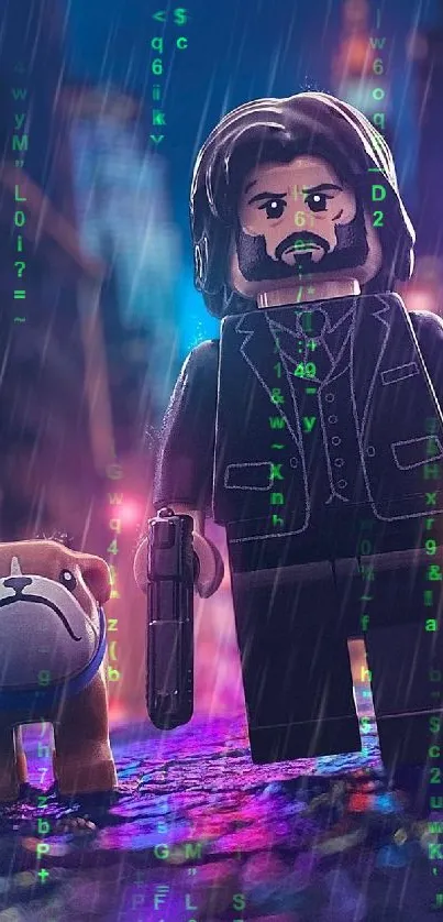 Lego figure with dog in a neon-lit, rainy city scene.