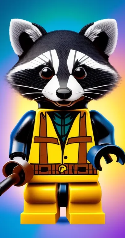 Vibrant Lego raccoon on colorful background.