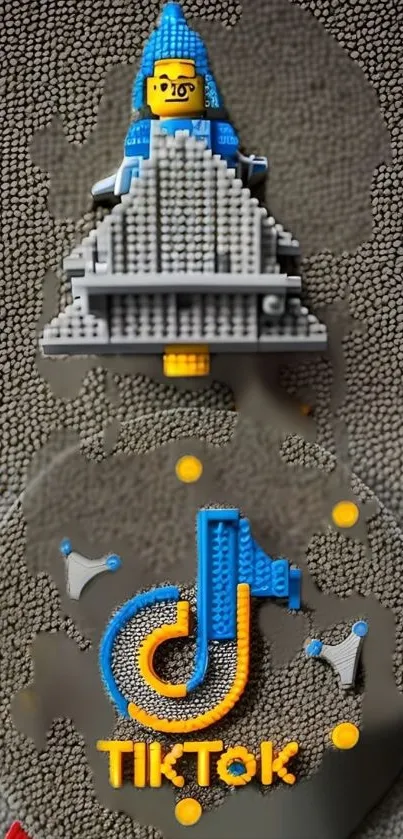 Mobile wallpaper with LEGO rocket and TikTok logo.