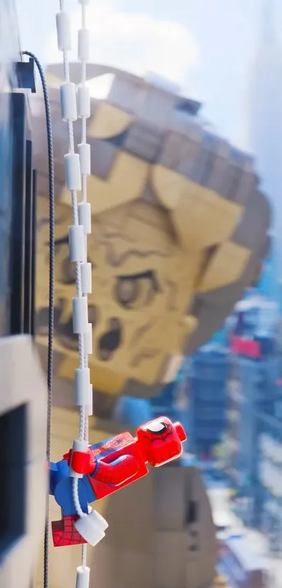 LEGO Spider-Man swings by gold building in cityscape.