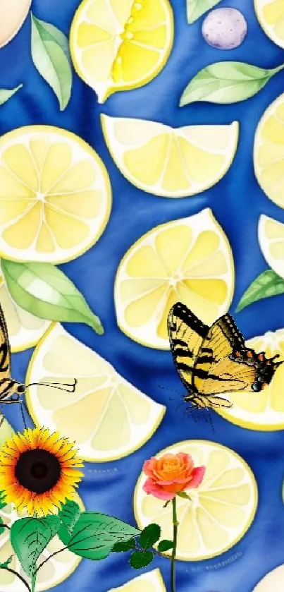 Vibrant blue wallpaper with lemons and butterflies.