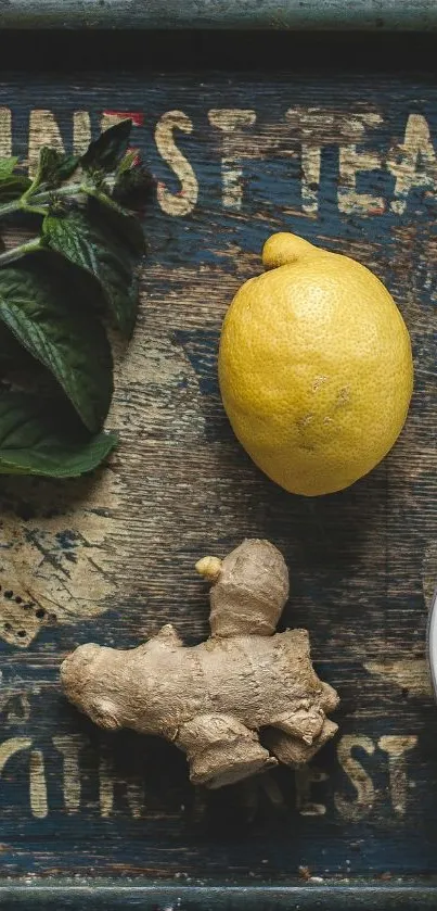 Lemon and ginger on vintage wood background.