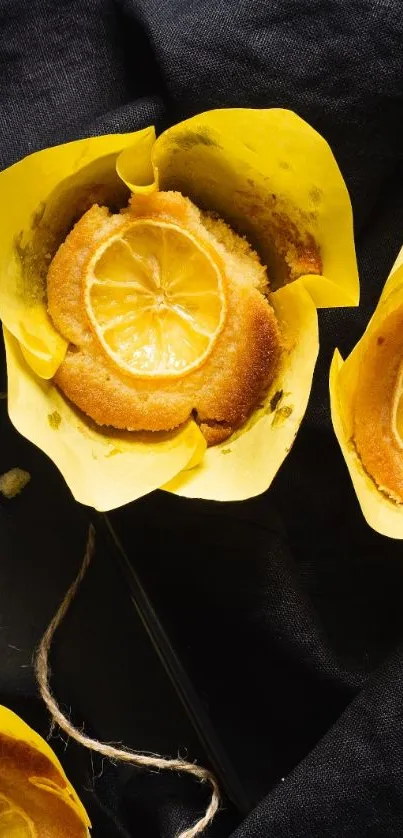 Mobile wallpaper of lemon cupcakes in yellow wrappers on black fabric.