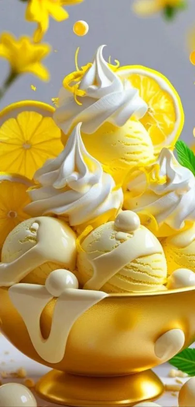 Lemon ice cream with whipped cream in a golden bowl with lemon slices.