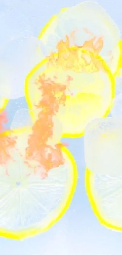 Bright lemon slices with ice cubes on a vibrant cool background.