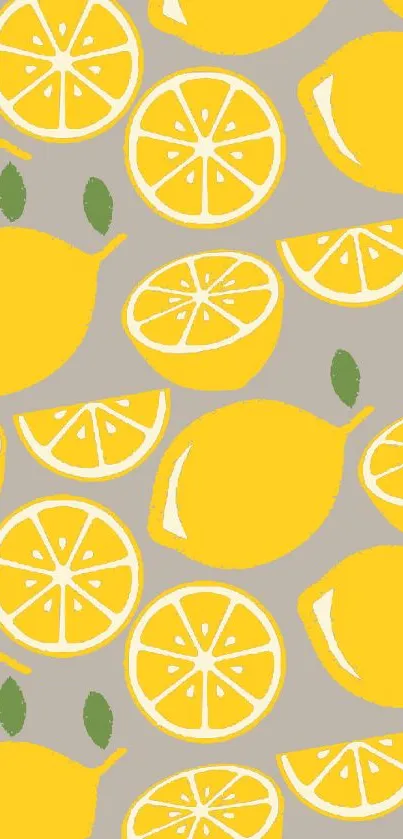 Vibrant yellow lemon pattern wallpaper with citrus slices and grey background.