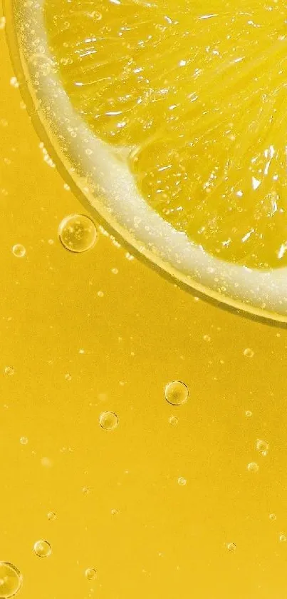 Close-up of a lemon slice in yellow liquid with bubbles.