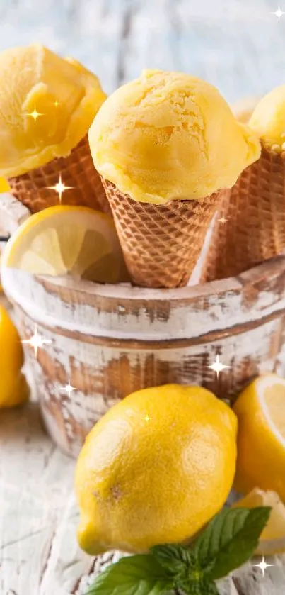 Vibrant lemons and sorbet cones on rustic table