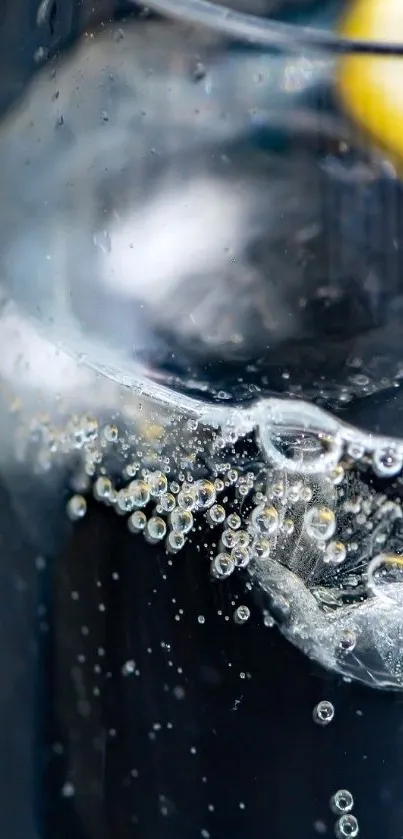 Close-up of lemon slice in sparkling water bubbles.