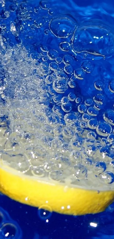 Lemon slice creating a splash in vibrant blue water with bubbles.