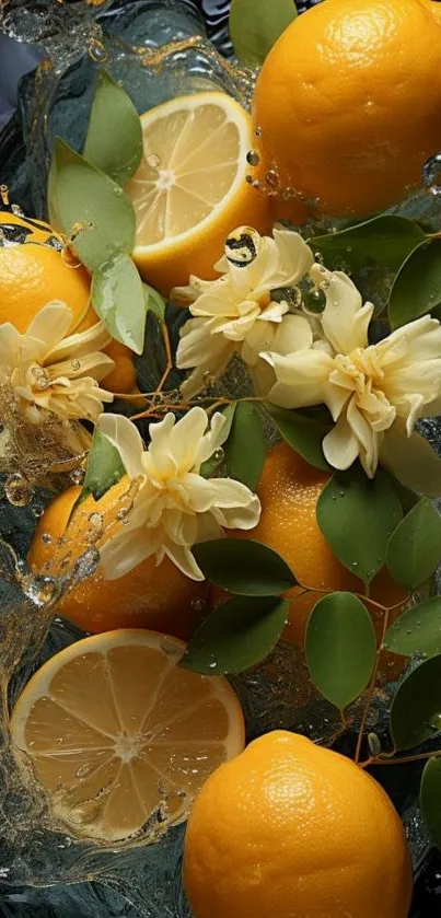 Vibrant lemon splash with florals and leaves in water.