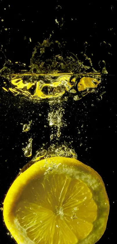 Dynamic lemon slice splash in water with vibrant yellow tones.