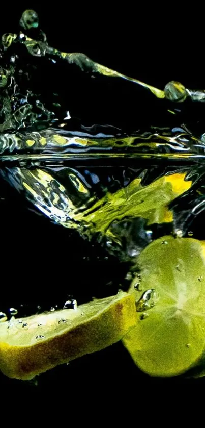 Lemon slices splashing in water on black background.