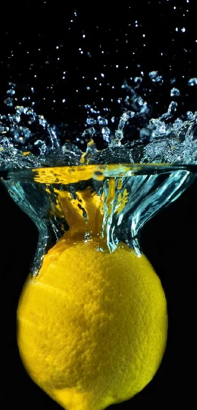 Yellow lemon splashing into dark water, creating a dynamic and vibrant visual effect.